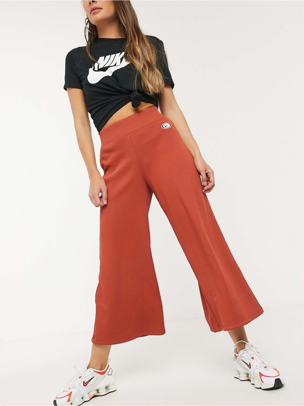 Nike Ribbed High Waist Wide Leg Sweatpants In Rust XS